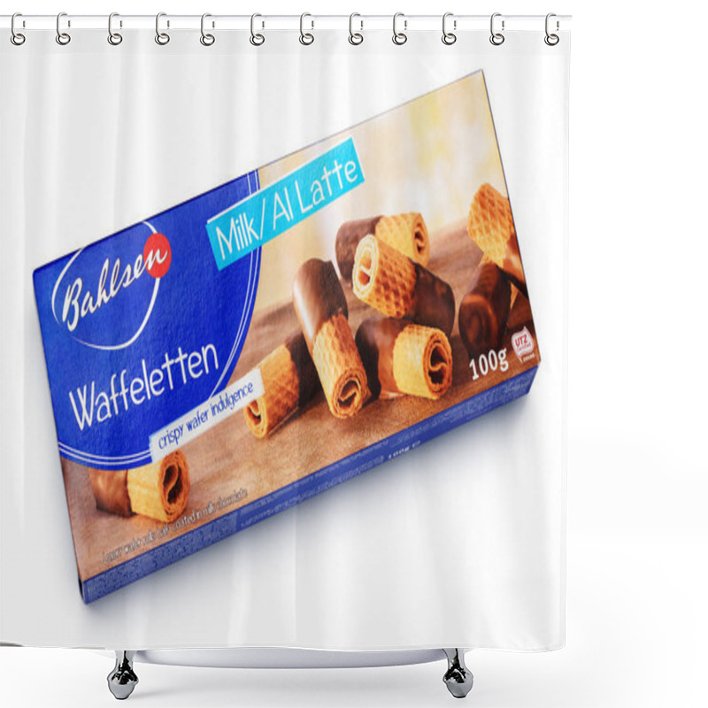 Personality  Top View Of Bahlsen Waffeletten Milk Chocolate Crisp Rolls Isolated On White Shower Curtains