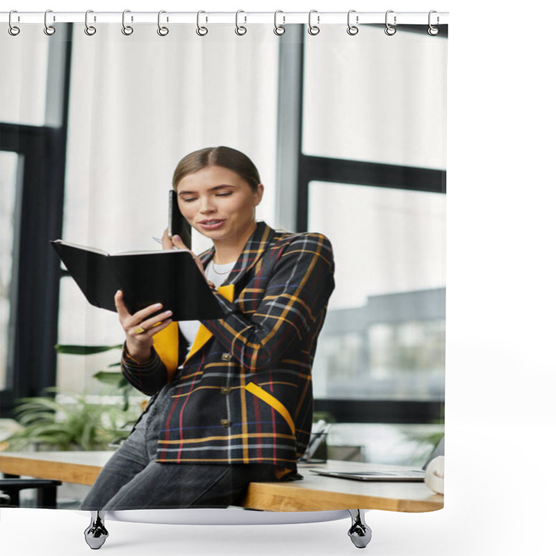 Personality  A Young Professional In A Checkered Blazer Reviews Notes In A Modern Office. Shower Curtains