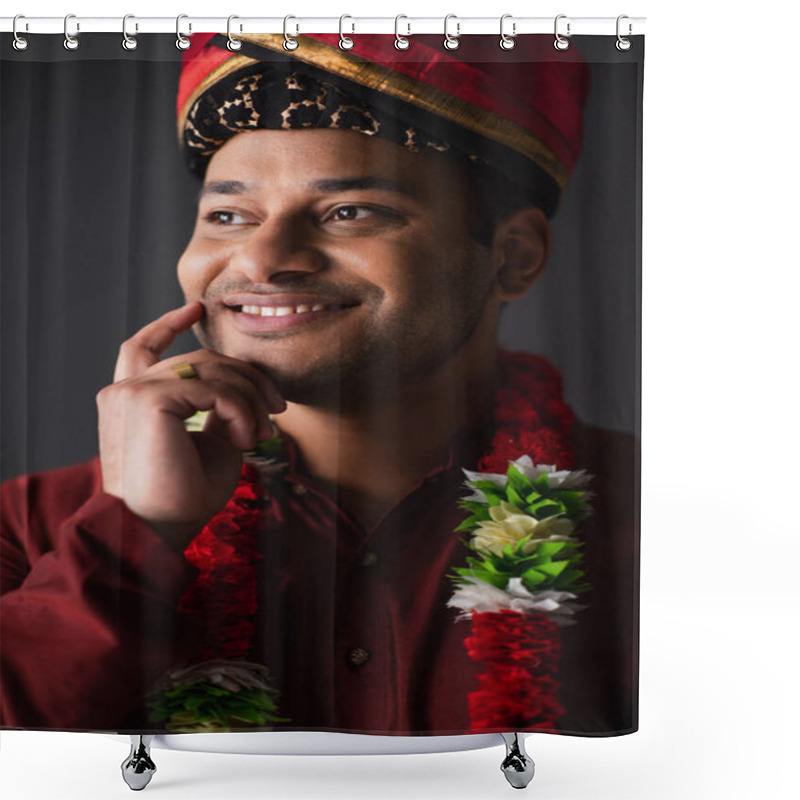 Personality  Indian Man In Turban And Floral Garland Looking Away Isolated On Grey  Shower Curtains