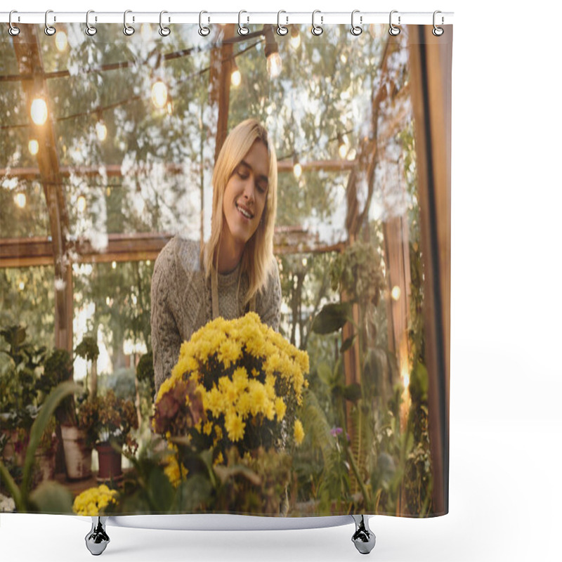 Personality  Bright Blossoms Fill The Air With Hope As A Young Man Smiles Softly While Tending To A Bouquet. Surrounded By Greenery, He Finds Joy In Natures Beauty During A Tranquil Afternoon. Shower Curtains