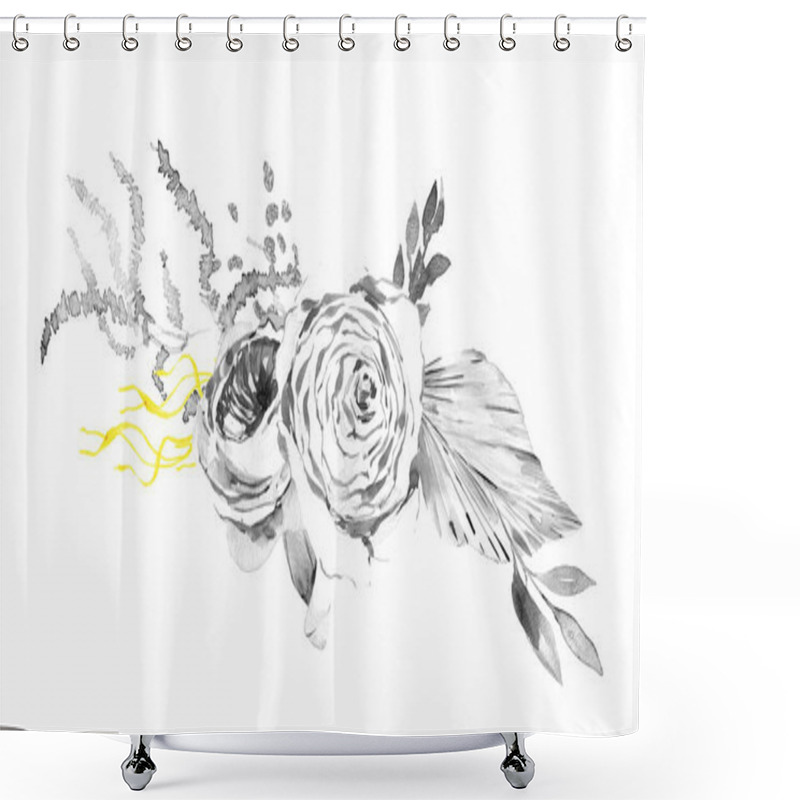 Personality  Watercolor Black And White Wedding Bouquet. Floral Arrangement, Monochrome For Elegant Greeting Cards, Tropical Leaves And Roses Watercolor Shower Curtains