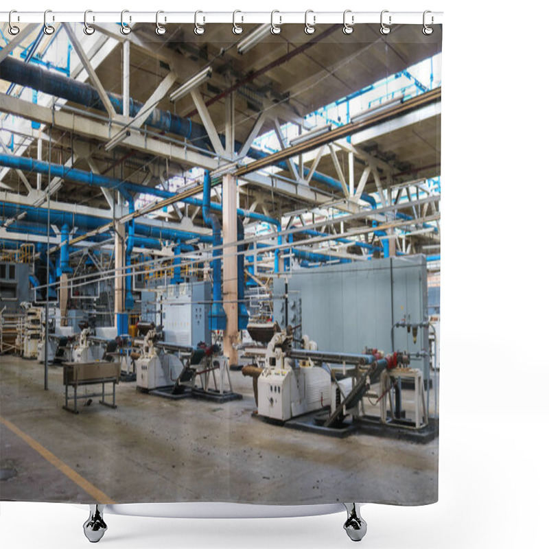 Personality  Beautiful Metal Industrial Equipment Of A Production Line At A Machine-building Plant, A Conveyor With Machine Tools For Products. Equipment Refinery, Petrochemical, Chemical Plant Shower Curtains