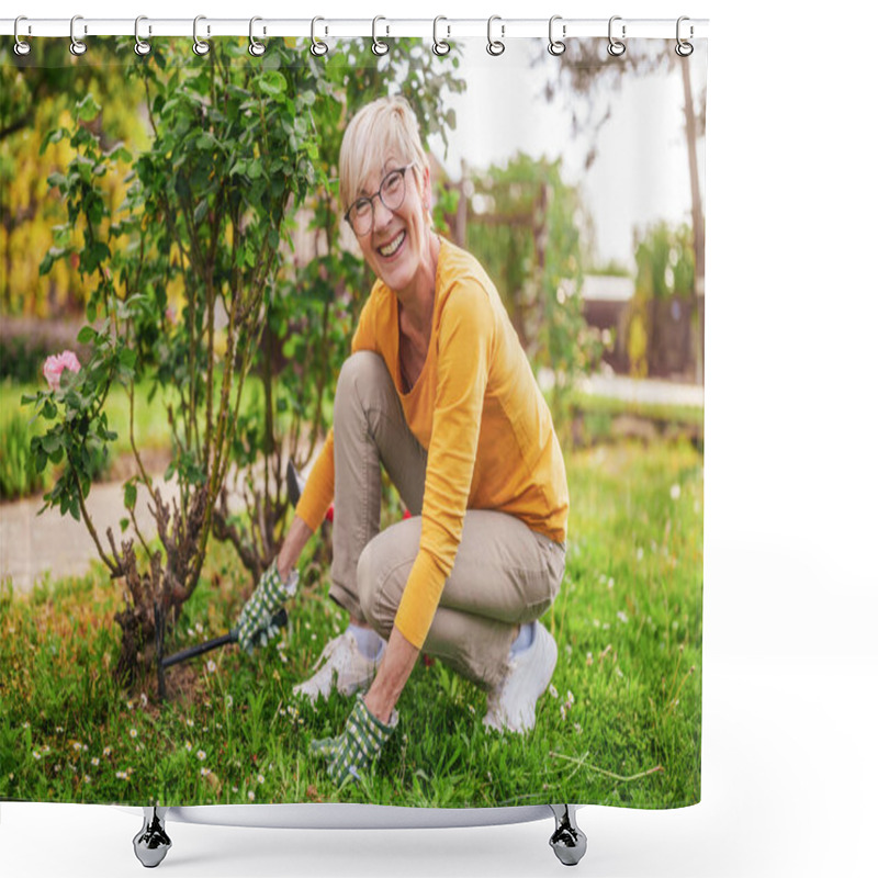 Personality  Happy Senior Woman Gardening In Her Yard. She Is Using Rake. Shower Curtains