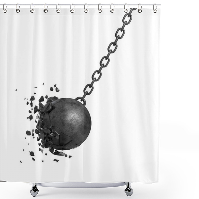 Personality  3d Rendering Of A Black Swinging Wrecking Ball Crashing Into A Wall On White Background. Shower Curtains