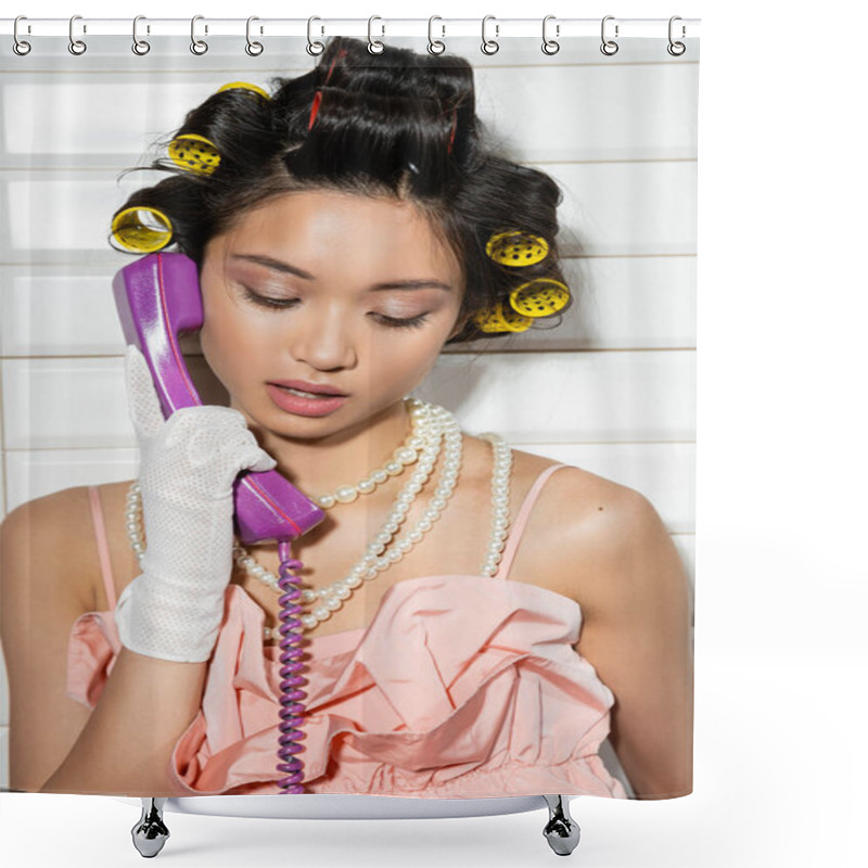 Personality  Fashionable And Asian Young Woman With Hair Curlers Standing In Pink Ruffled Top, Pearl Necklace And White Gloves And Talking On Purple Retro Phone Near White Tiles, Housewife  Shower Curtains