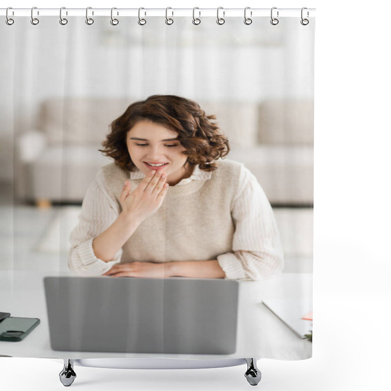 Personality  Young Sign Language Teacher Smiling While Showing Thank You Gesture During Online Lesson On Laptop At Home Shower Curtains