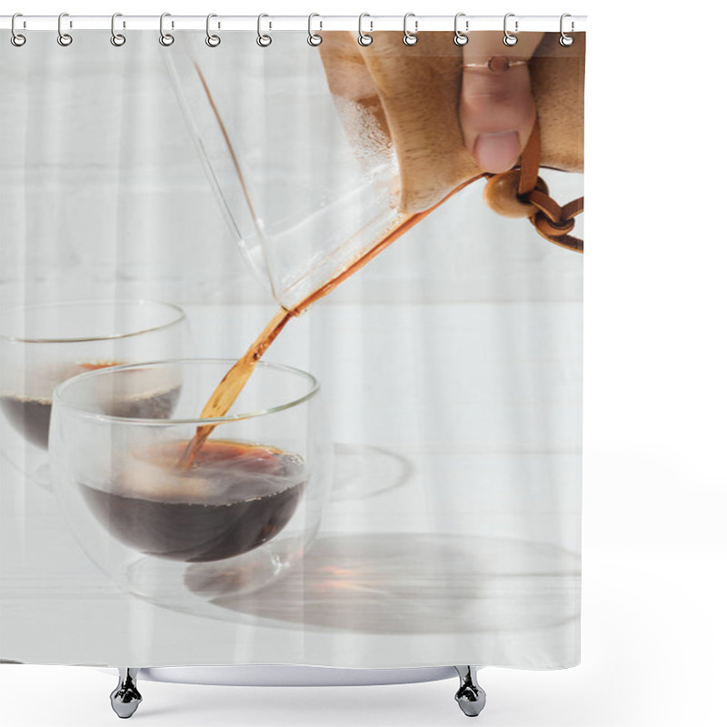 Personality  Cropped Image Of Woman Pouring Alternative Coffee From Chemex Into Glass Mug  Shower Curtains