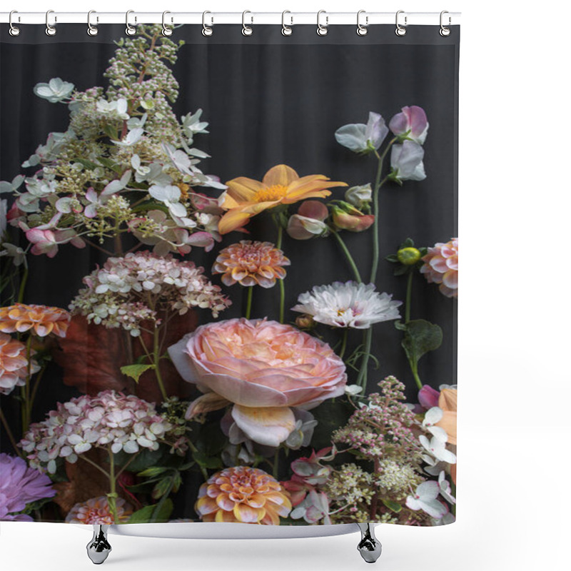 Personality  Roses, Hydrangea, Dahlias, Sweet Peas On A Dark Background Shower Curtains