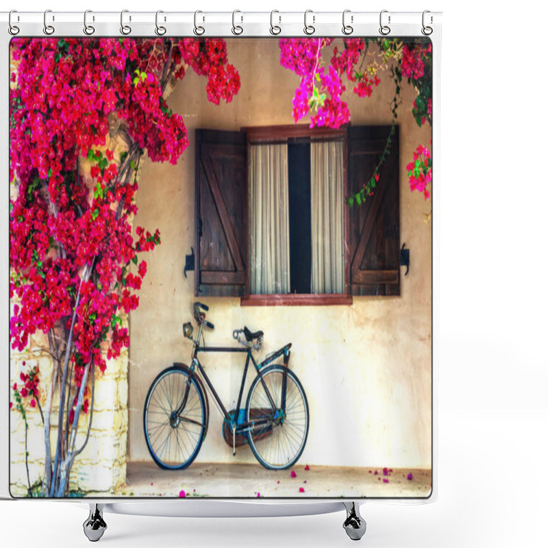 Personality  Blooming Purple Tree And Old Bike In Retro Style Shower Curtains