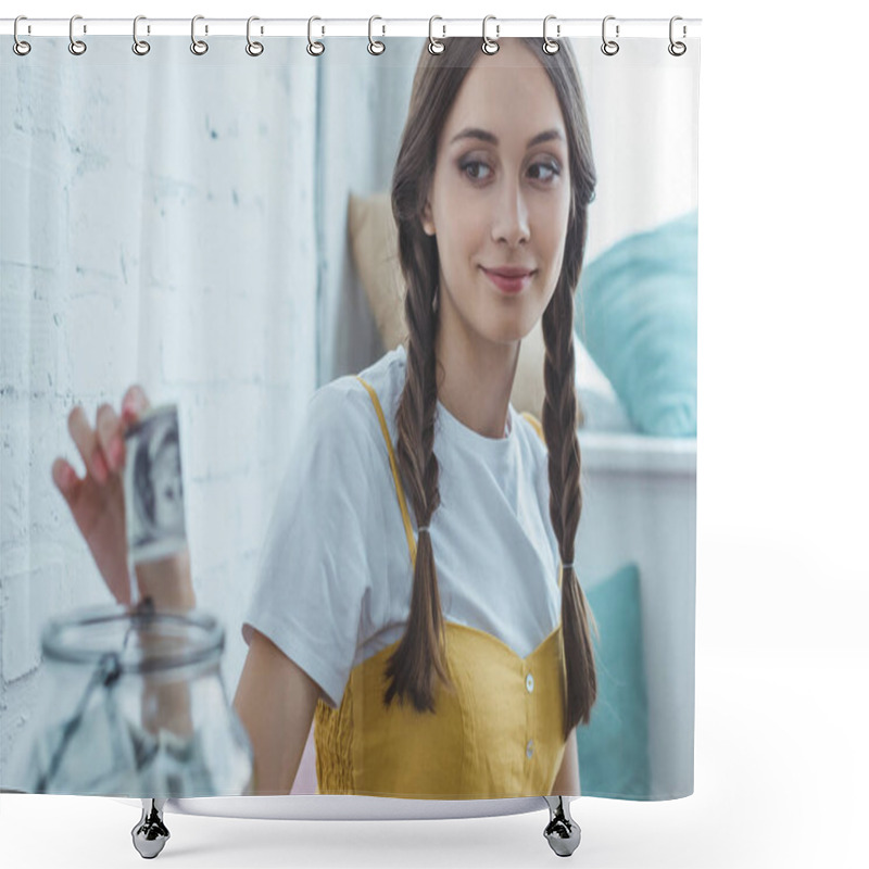 Personality  Teen Girl Putting Dollar Banknote Into Glass Jar Shower Curtains