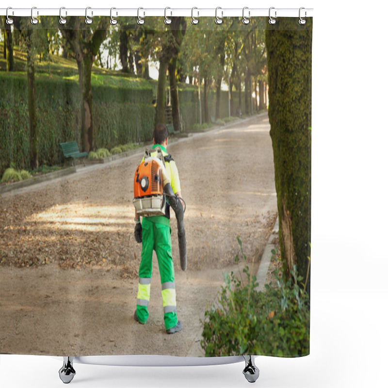 Personality  Gardener With Blower Backpack Working In City Park , Blowing Leafs. Autumn Concept Shower Curtains