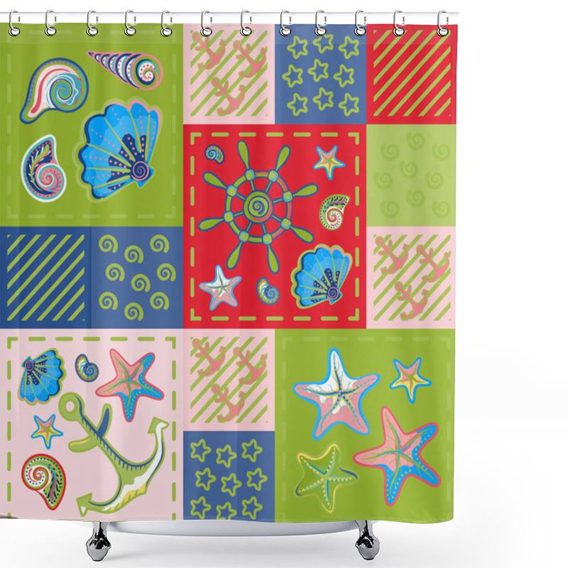 Personality  Nautical Marine Patchwork Seamless Pattern With Shells, Starfish, Anchor And Wheel. Sea Life Shower Curtains