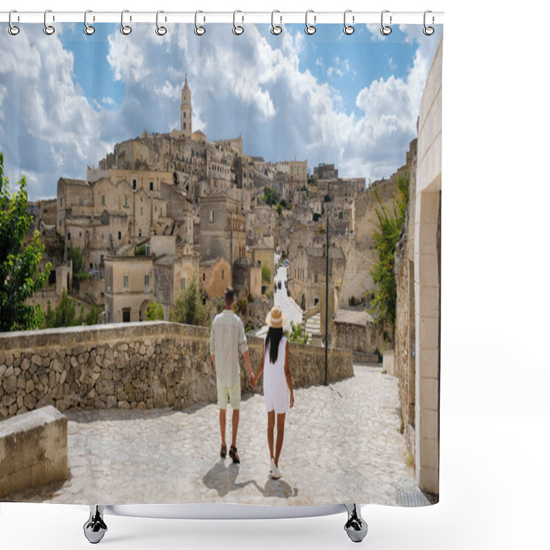 Personality  Two Lovers Wander Hand In Hand Along Cobblestone Paths, Surrounded By The Historic Charm Of Matera Italy Stunning Architecture Against A Bright, Cloud-filled Sky. Shower Curtains