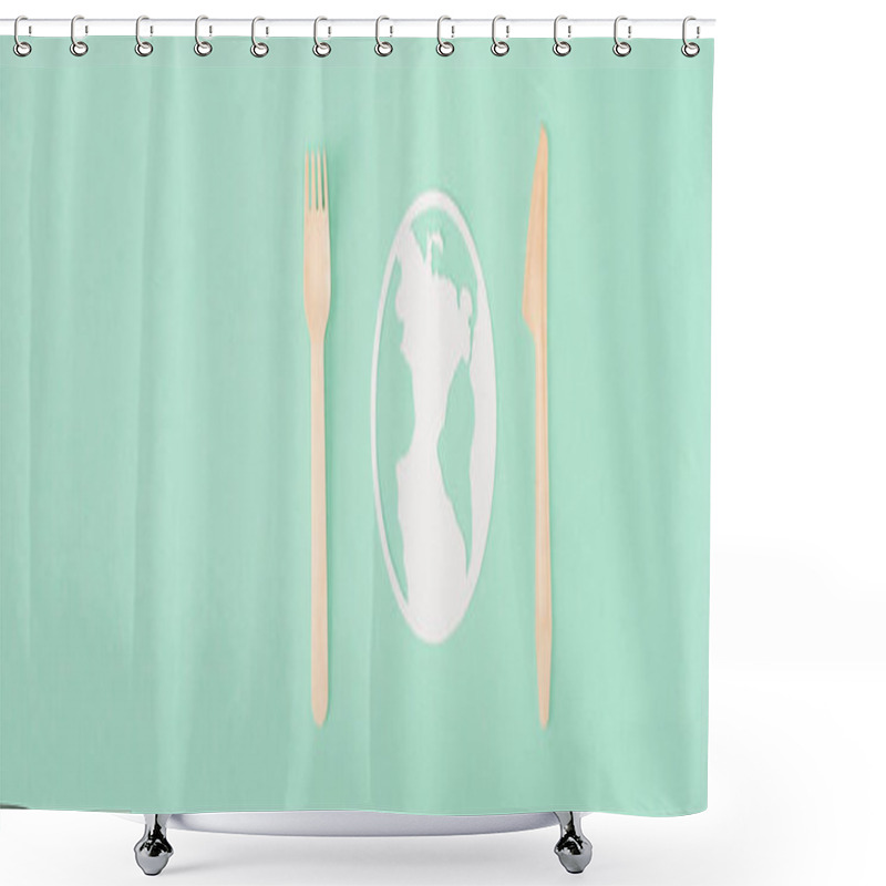 Personality  Horizontal Concept Of Wooden Cutlery And Paper Earth Sign On Green Background, Ecology Concept Shower Curtains