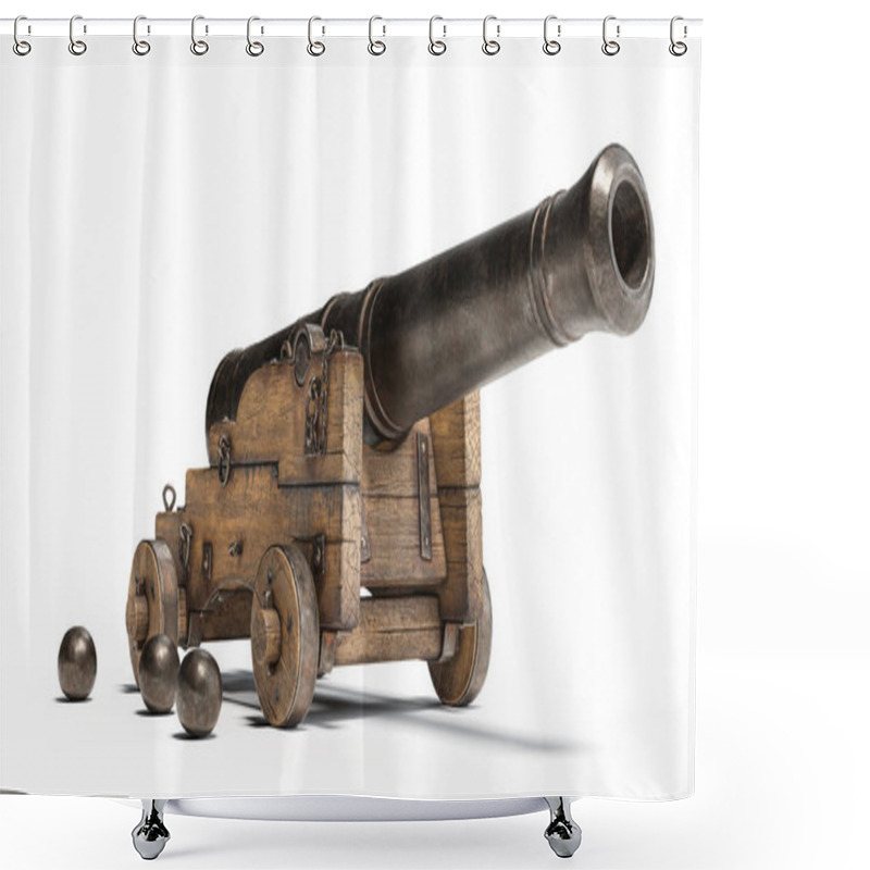 Personality  Ancient Cannon On Wheels With Cannonballs Isolated On White Background With Clipping Path Shower Curtains