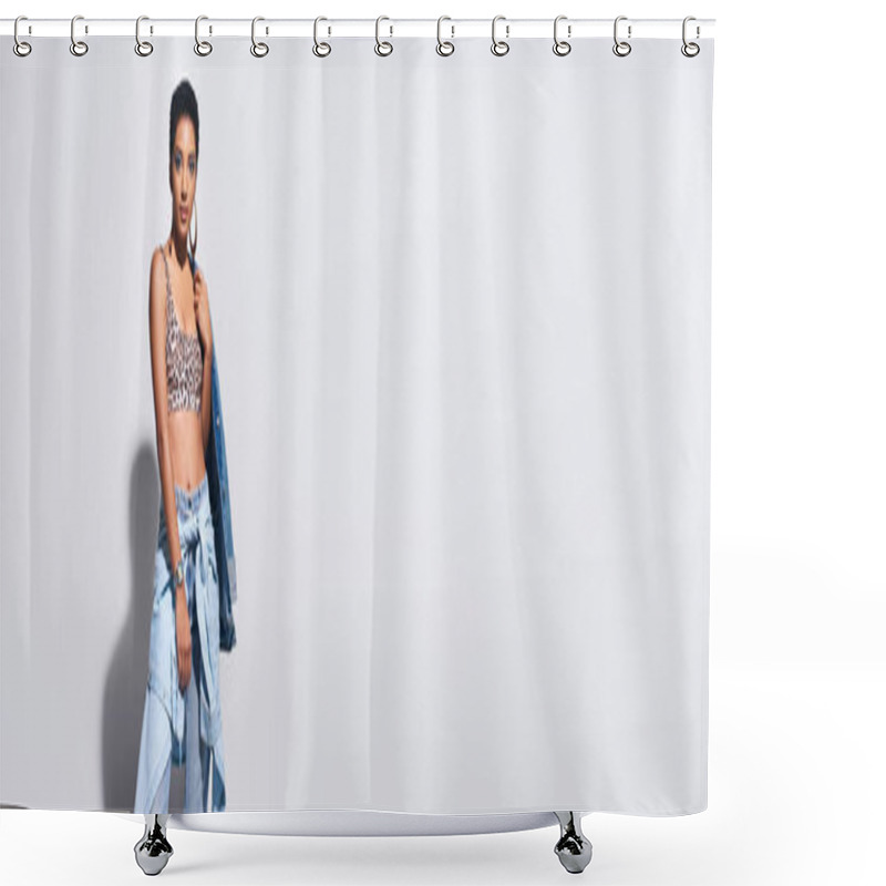 Personality  Trendy Young African American Model With Short Hair Posing In Top With Animal Print And Denim Clothes On Grey Background With Copy Space, Denim Fashion Concept, Banner  Shower Curtains