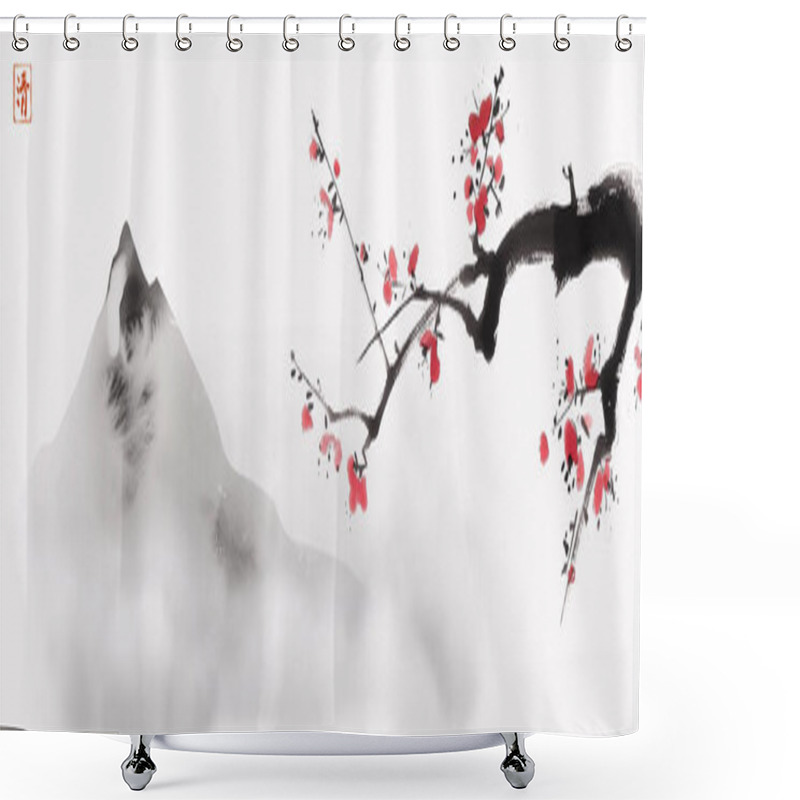 Personality  Ink Painting Of Cherry Blossom Branch And Misty Mountains. Traditional Oriental Ink Painting Sumi-e, U-sin, Go-hua. Hieroglyph - Clarity Shower Curtains