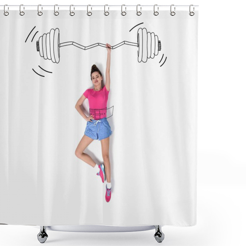 Personality  Creative Hand Drawn Collage With Woman Lifting Barbell With One Hand Shower Curtains