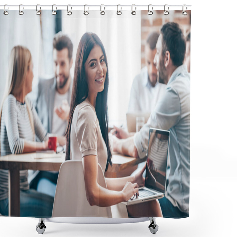 Personality  Young Woman Holding Laptop Shower Curtains