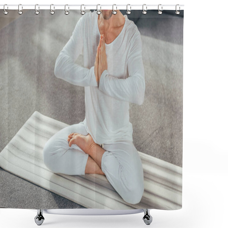 Personality  Cropped Shot Of Man Sitting In Lotus Position And Meditating With Namaste Gesture On Yoga Mat Shower Curtains