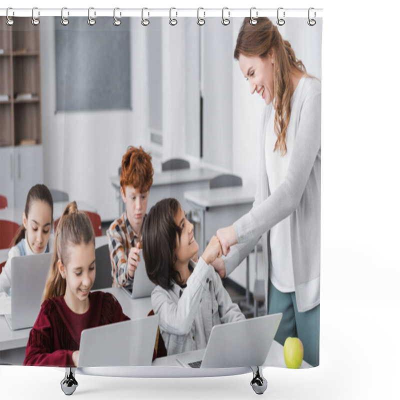 Personality  Excited Teacher And Schoolboy Doing Fist Bump Near Laptop And Pupils In Classroom Shower Curtains