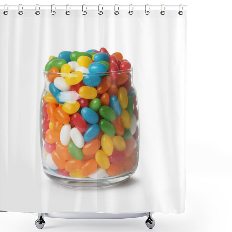 Personality  Glass Jar Of Tasty Bright Jelly Beans Isolated On White Shower Curtains