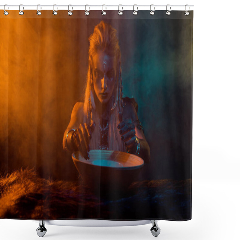 Personality  Photo Of Creepy Viking Comjurer Woman Demonic Ritual Potion Bowl Orange Light Foggy Mist Isolated On Dark Background. Shower Curtains