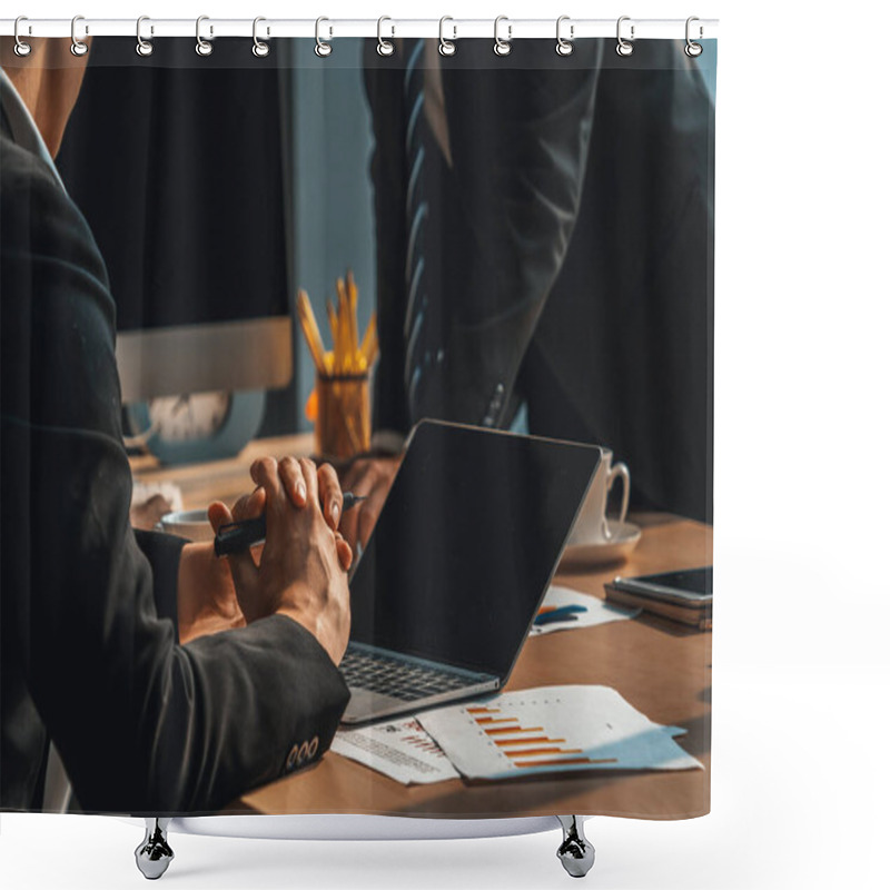 Personality  Smart Businessman And Businesswoman Talking Discussion In Group Meeting At Office Table In A Modern Office Interior. Business Collaboration Strategic Planning And Brainstorming Of Coworkers. Jivy Shower Curtains