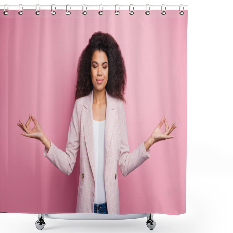 Personality  Photo Of Beautiful Dark Skin Business Lady Hold Fingers Om Position Think Mantra Eyes Closed Meditating Break Work Pause Wear Plaid Blazer Jeans Isolated Pink Pastel Color Background Shower Curtains