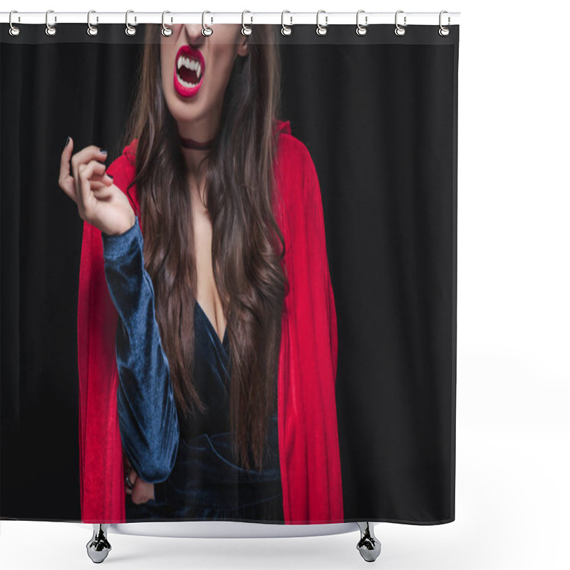 Personality  Cropped View Of Vampire Woman In Red Cloak Showing Her Fangs Isolated On Black Shower Curtains