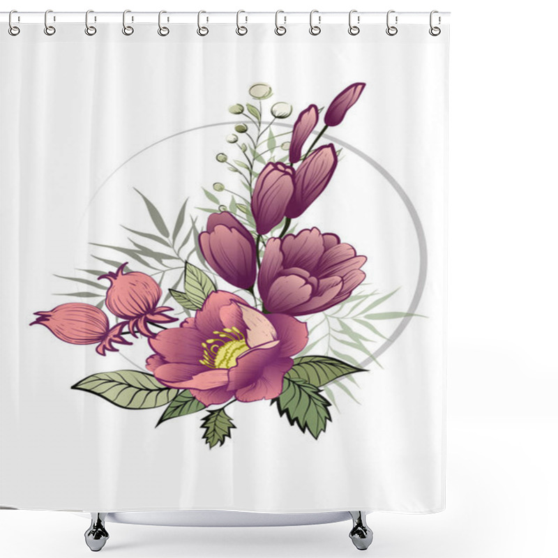 Personality  Spring Flowers Bouquet Of Flowers Bud Garland. Label With Flowers And Greens. Vector Illustrat Shower Curtains