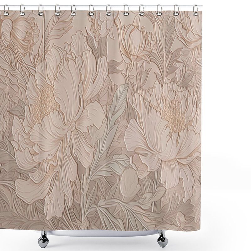 Personality  Floral Art Nouveau Old Retro Style  3d Peonies Pattern. Vector Embossed Vintage Background. Repeat Emboss Plants Backdrop. Surface Relief 3d Peony Flowers Leaves Textured Ornament In Old Nouveau Style Shower Curtains