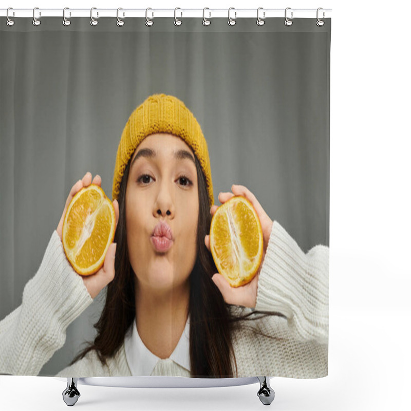 Personality  Joyful Young Woman Wears A Yellow Beanie And White Sweater, Posing With Bright Oranges In Hand. Shower Curtains