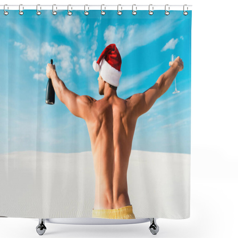 Personality  Back View Of Sexy Man In Santa Hat Holding Glass And Bottle On Beach In Maldives  Shower Curtains