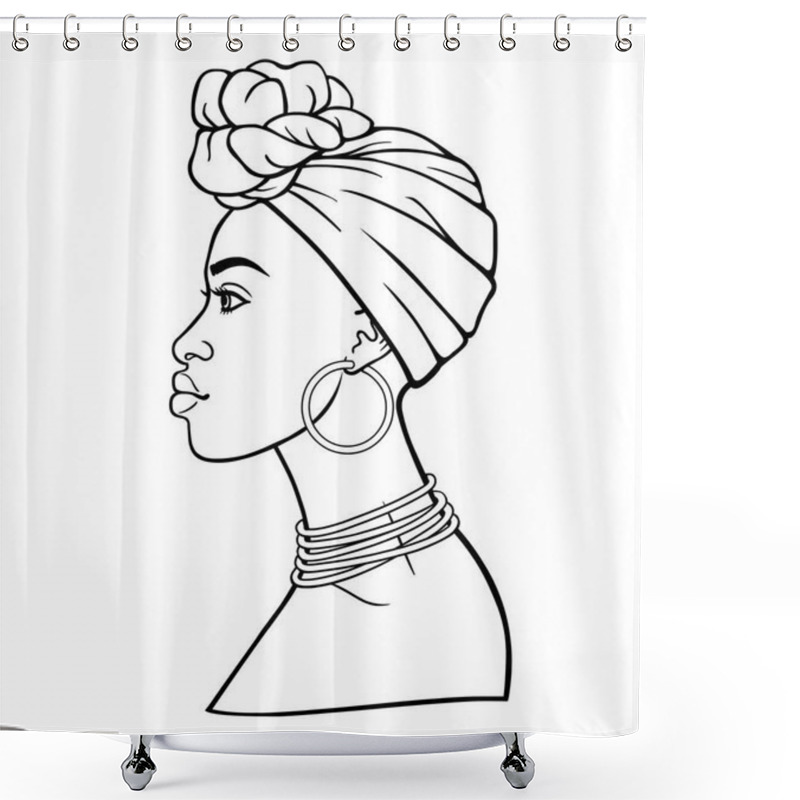 Personality  Animation Portrait Of The Young African Woman In A Turban. Profile View. Monochrome Linear Drawing. Vector Illustration Isolated On A White Background. Print, Poster, T-shirt, Card. Shower Curtains