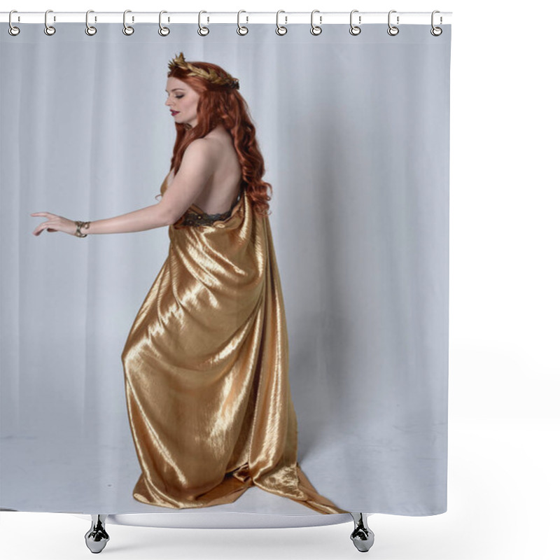 Personality  Full Length Portrait Of Girl With Red Hair Wearing Long Grecian Toga And Golden Wreath. Standing Pose In Side Profile,  Isolated Against A Grey Studio Background. Shower Curtains