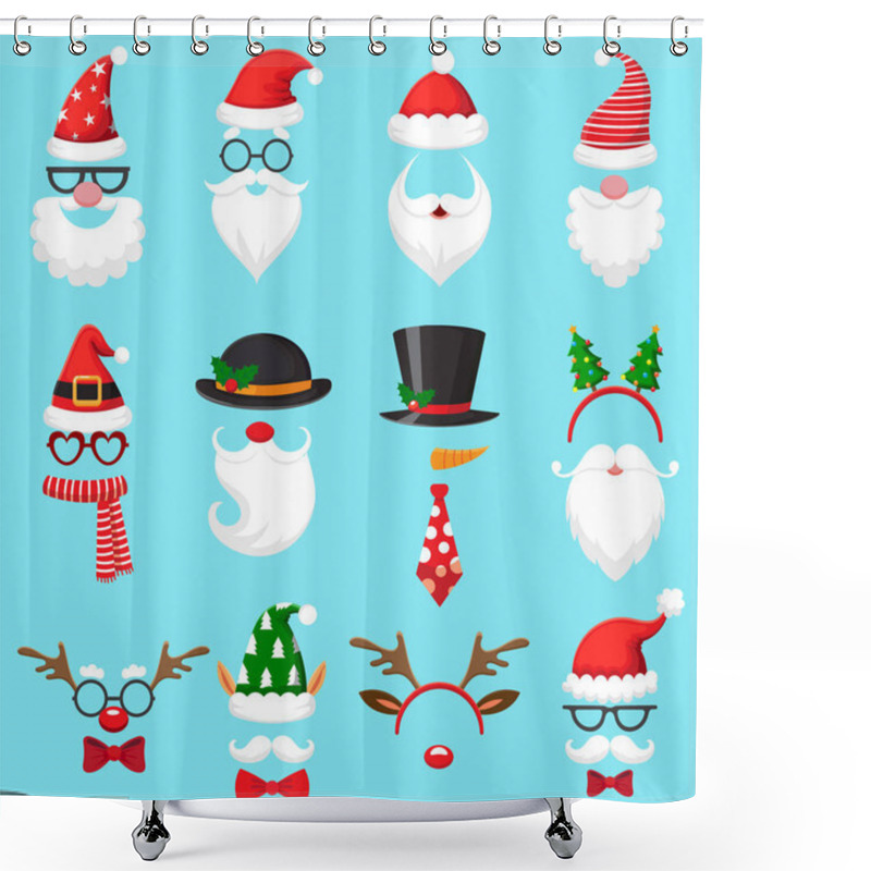 Personality  Christmas Cartoon Hats. Xmas Santa Hat, Elf Cap And Reindeer Photo Mask. Santas Beard And Mustaches Vector Set Shower Curtains