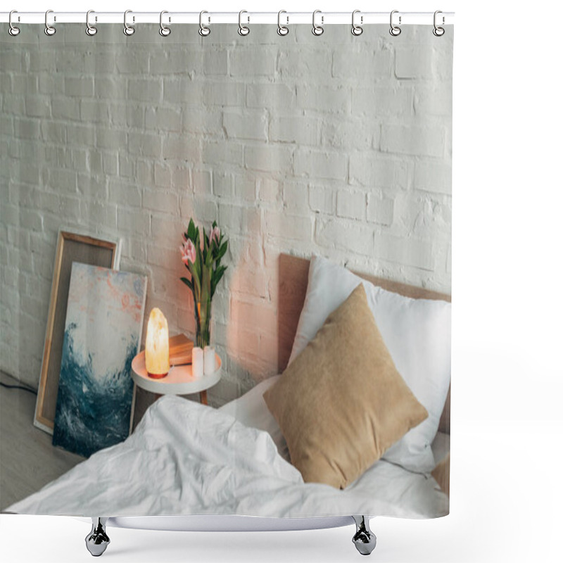 Personality  Interior Of Bedroom With Himalayan Salt Lamp, Flowers And Candles Shower Curtains