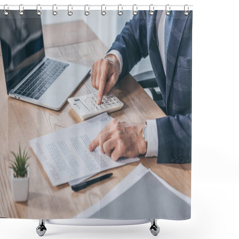 Personality  Cropped View Of Businessman Sitting At Table, Reading Document And Counting With Calculator In Office, Compensation Concept Shower Curtains