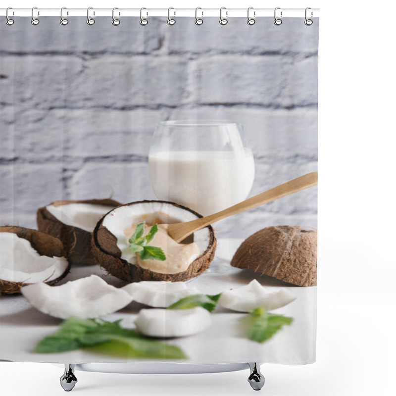 Personality  Coconut Milk With Broken Coconut And Mint Leaves On White Table Shower Curtains