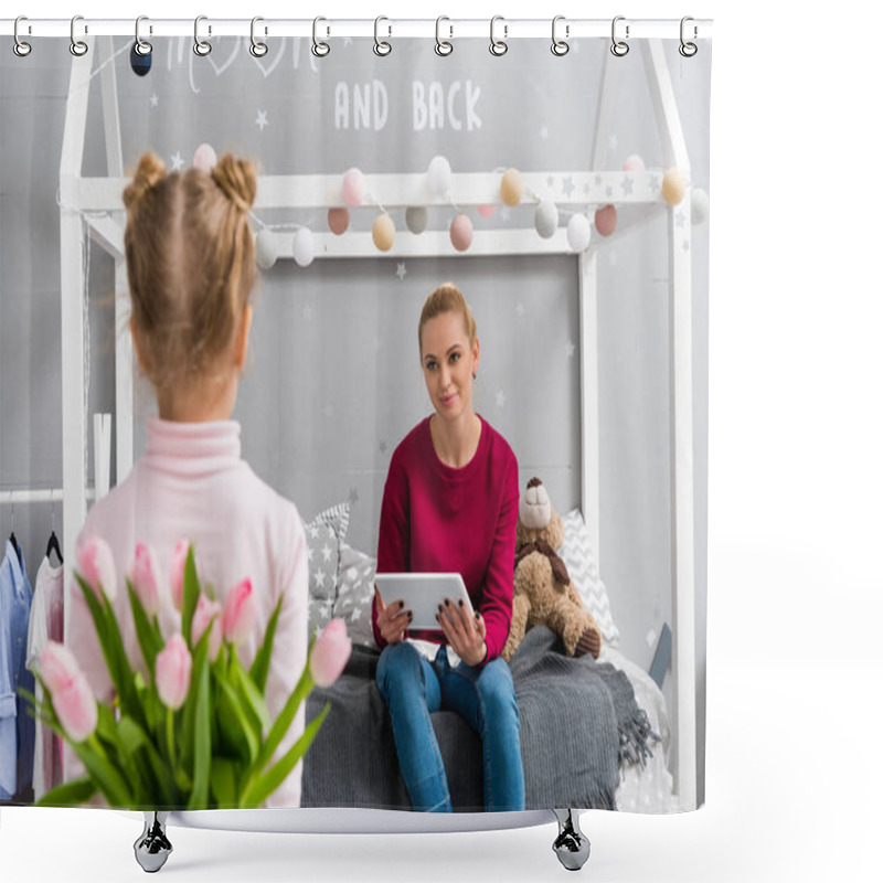 Personality  Daughter Hiding Tulips Bouquet For Mother Behind Back Shower Curtains