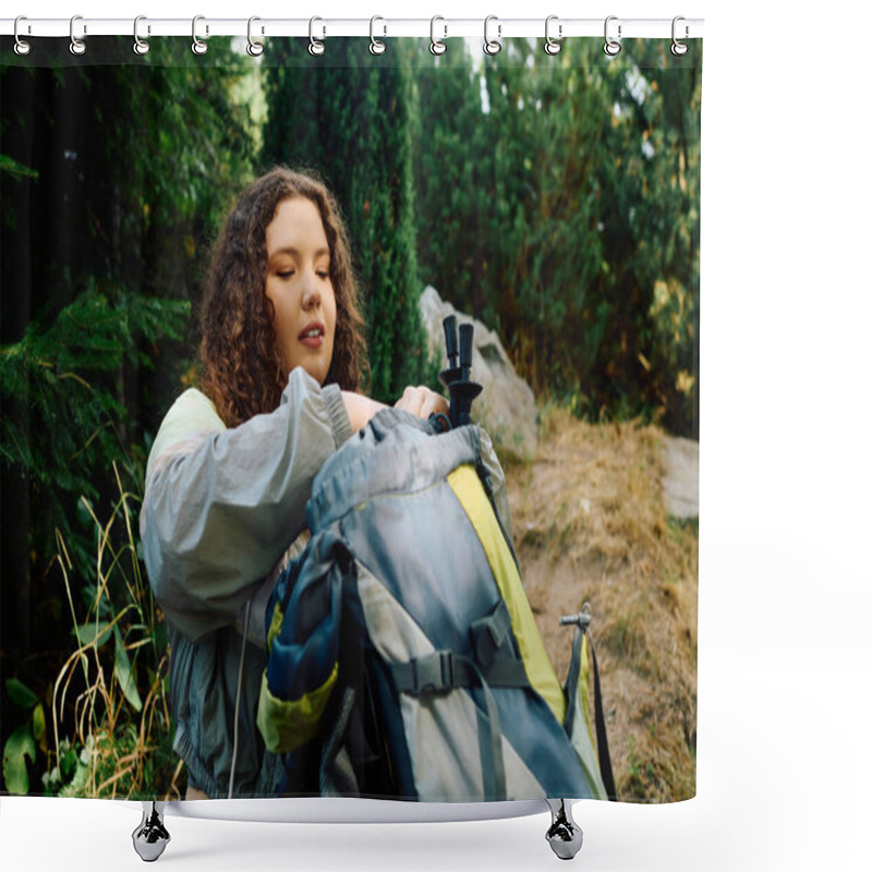 Personality  A Cheerful Woman In A Forest Enjoys Nature While Preparing For An Outdoor Adventure. Shower Curtains