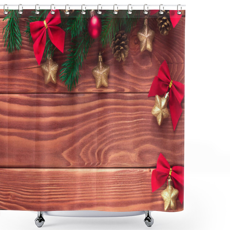 Personality  Christmas Fir Tree With Decoration On Dark Wooden Board. Soft Fo Shower Curtains