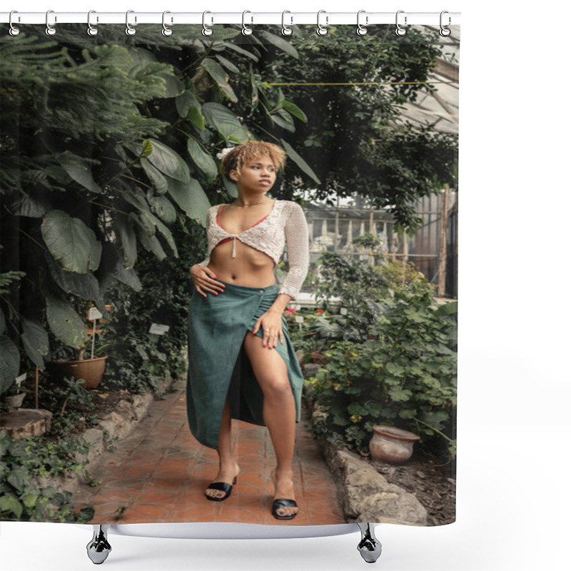 Personality  Full Length Of Trendy Young African American Woman In Skirt And Knitted Top Looking Away And Standing Near Green Plants In Greenhouse, Stylish Lady Surrounded By Lush Greenery, Summer Shower Curtains