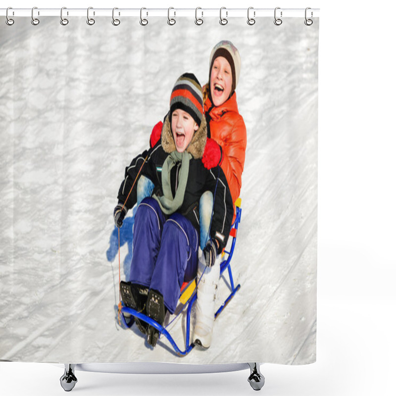 Personality  Little Boy And Girl On Sleigh Winter Shower Curtains