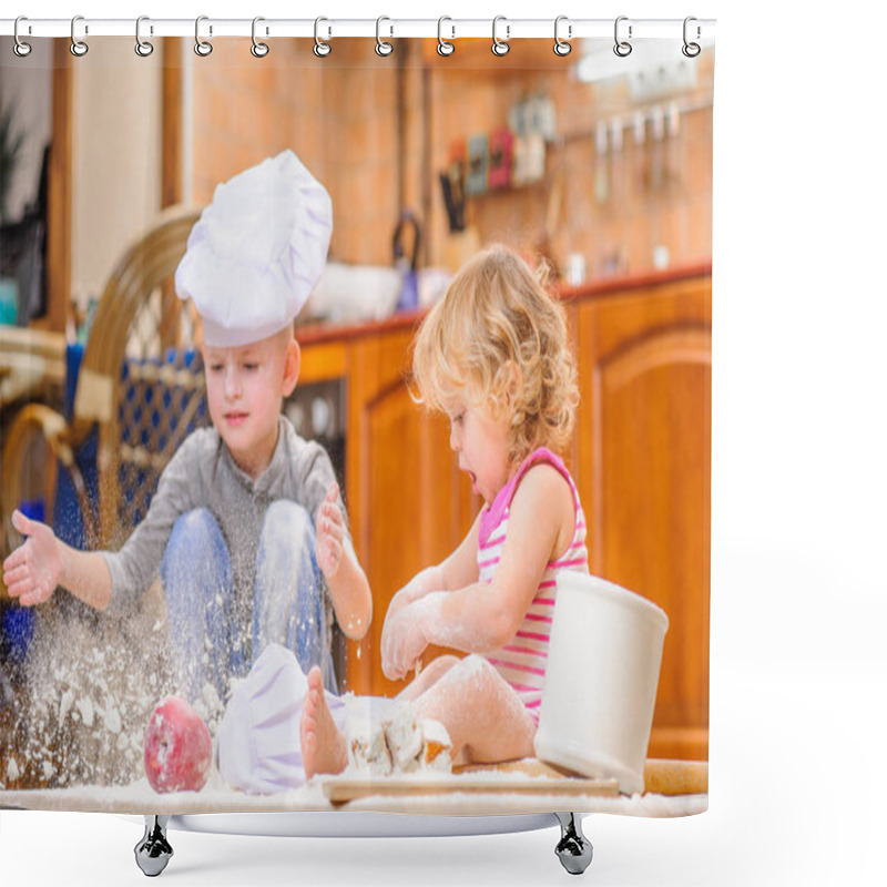 Personality  Two siblings - boy and girl - in chef's hats sitting on the kitc shower curtains