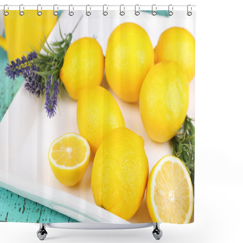 Personality  Still Life With Fresh Lemons And Lavender On Wooden Table Shower Curtains