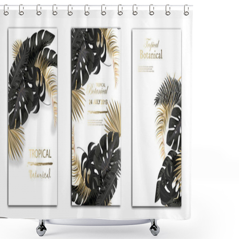 Personality  Vector Arrangement With Black And Gold Tropical Leaves On Dark Background. Luxury Exotic Botanical Design For Cosmetics, Spa, Perfume, Aroma, Beauty Salon. Shower Curtains