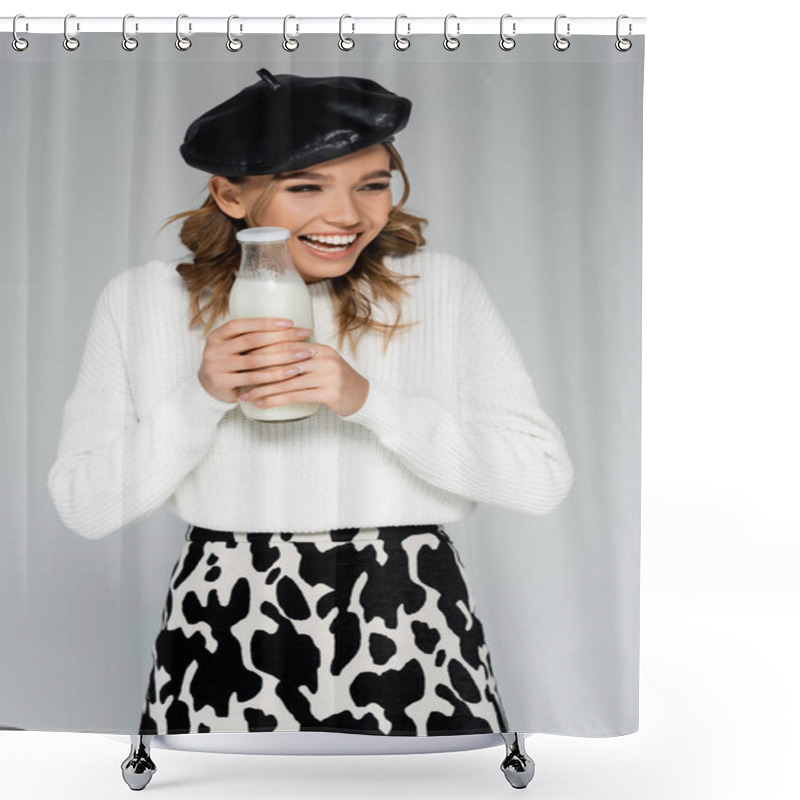 Personality  Happy Young Woman In Beret And Skirt With Cow Print Holding Bottle With Milk Isolated On Grey Shower Curtains