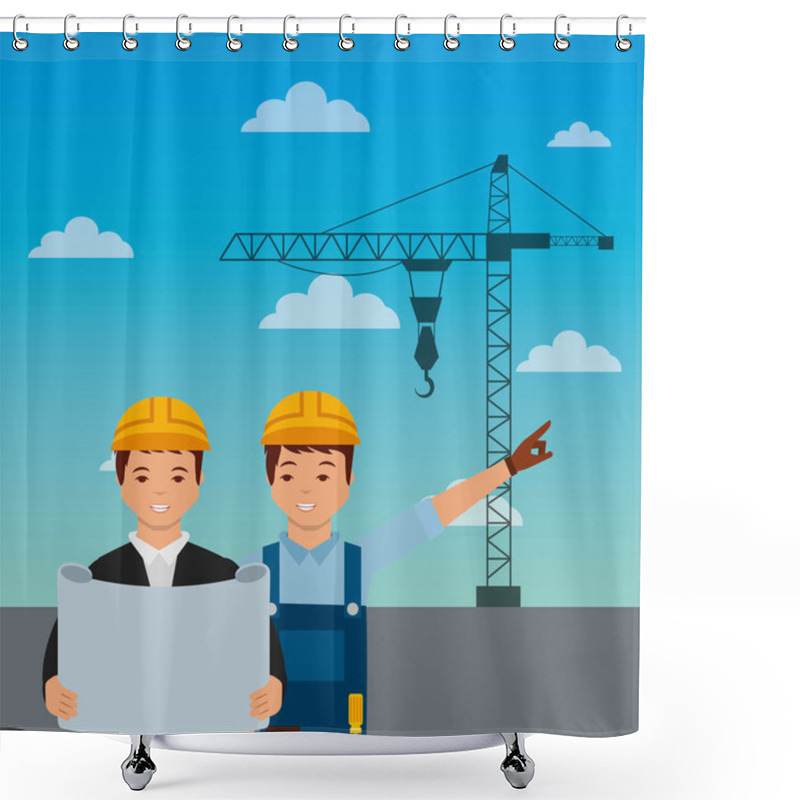 Personality  Construction Workers Engineer Foreman Blueprint Crane On Sky Background Shower Curtains